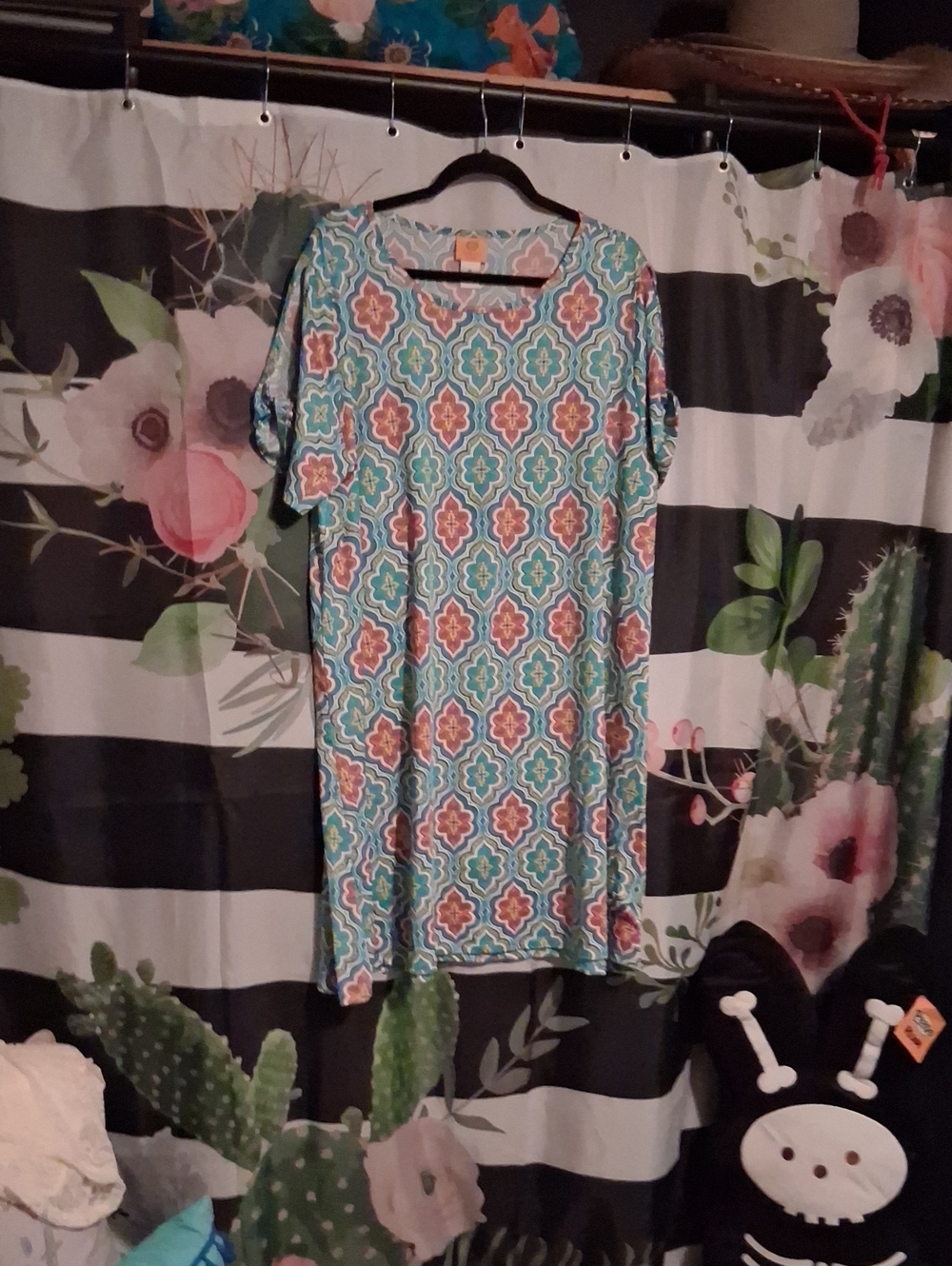 Ruby Rd. Teal and Coral Geometric Midi Dress